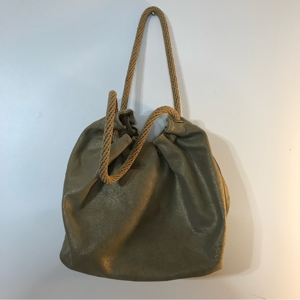 Michael Kors Gold Metallic Canvas Burlap Rope Jute Tote Handbag